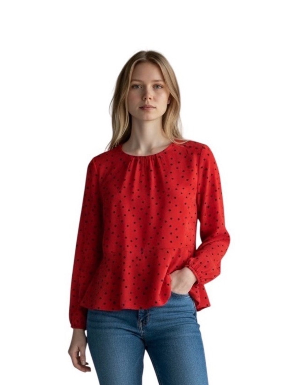 Boden Red Long-Sleeve Polka Dot Blouse